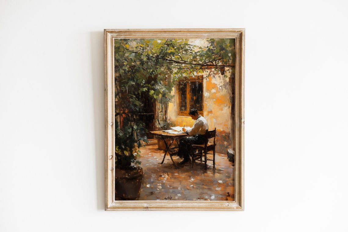 Rustic Man Writing at a Table Under a Sunlit Archway Courtyard Print