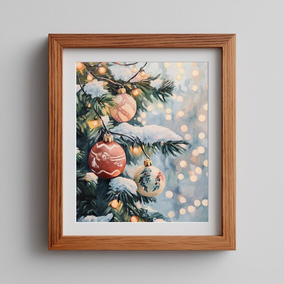 Festive Christmas Ornaments on Snowy Tree Branches Holiday Art Poster
