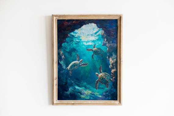 Moody Ocean Scene Sea Turtles In Underwater Coral Cave Serene Coastal Art Nautical Wall Decor 748