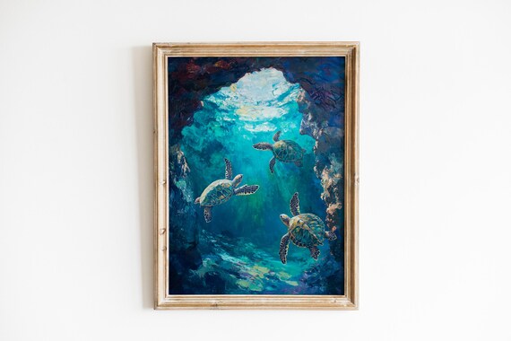 Sea Turtles Swimming Underwater Coral Cave Sunbeams Ocean Art Poster