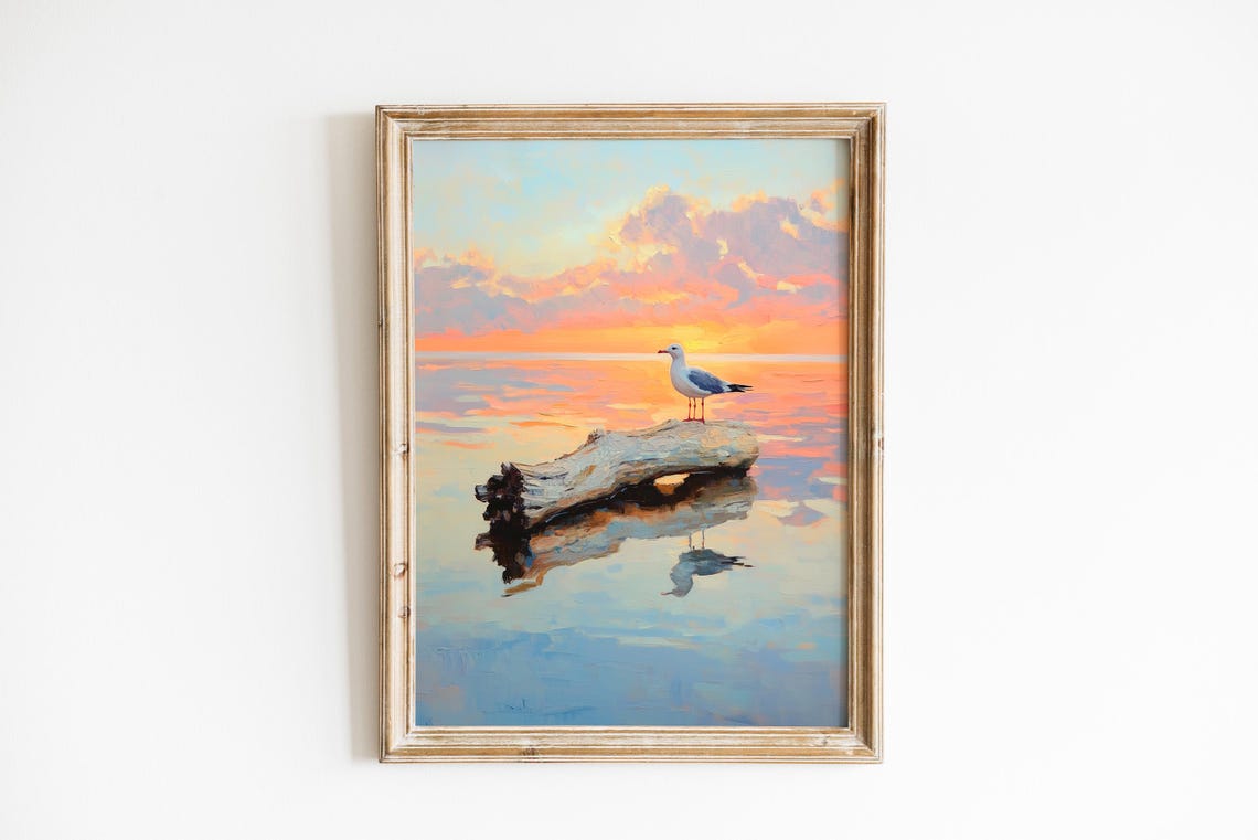 Seagull on Driftwood Sunrise Calm Water Serene Coastal Art Poster