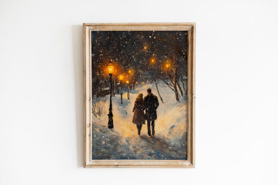 Romantic Winter Path Moody Couple In Snowy Silhouette Vintage Street Lamps Cozy Evening Decor Instant Wall Art 1025