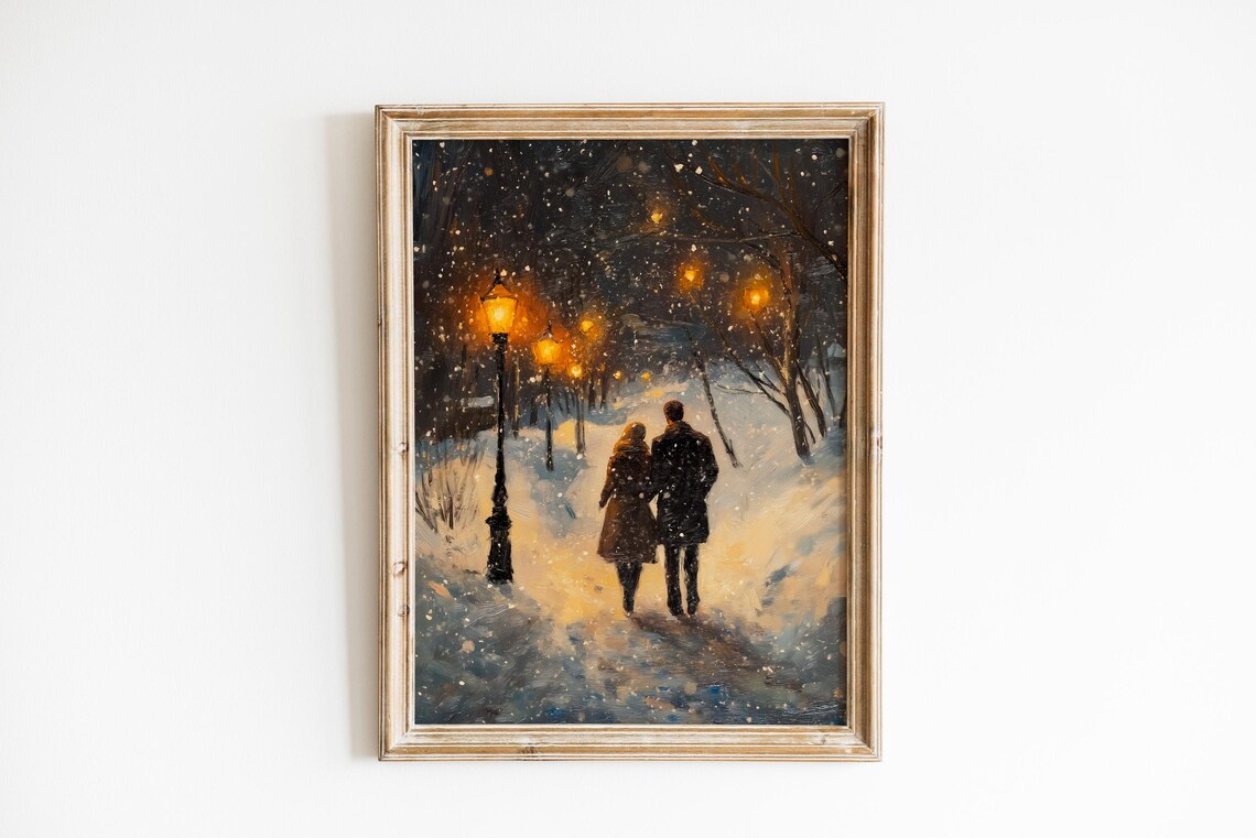 Snowy Night Couple Vintage Glowing Street Lamps Romantic Art Poster