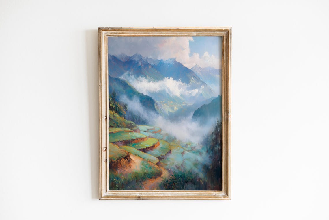 Moody Terraced Mountain Fields Art Serene Rustic Landscape Winding Path Atmospheric Nature Decor 616
