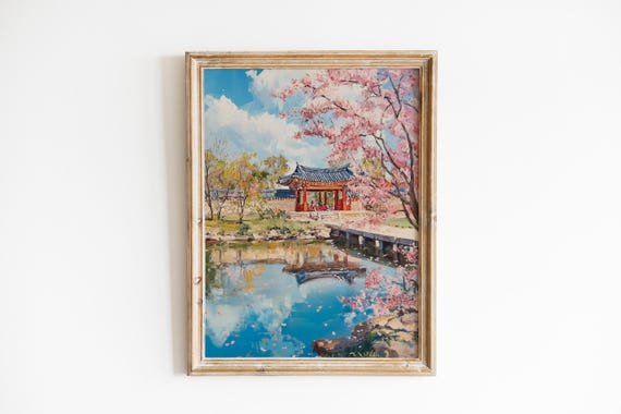Korean Cherry Blossoms Wall Art Serene Palace Pavilion By Calm Pond Tranquil Spring Landscape 529