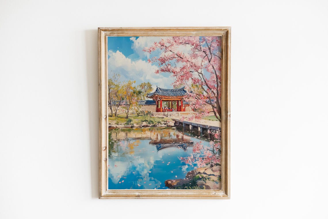 Korean Cherry Blossoms Pavilion Lakeside Spring Painting Poster