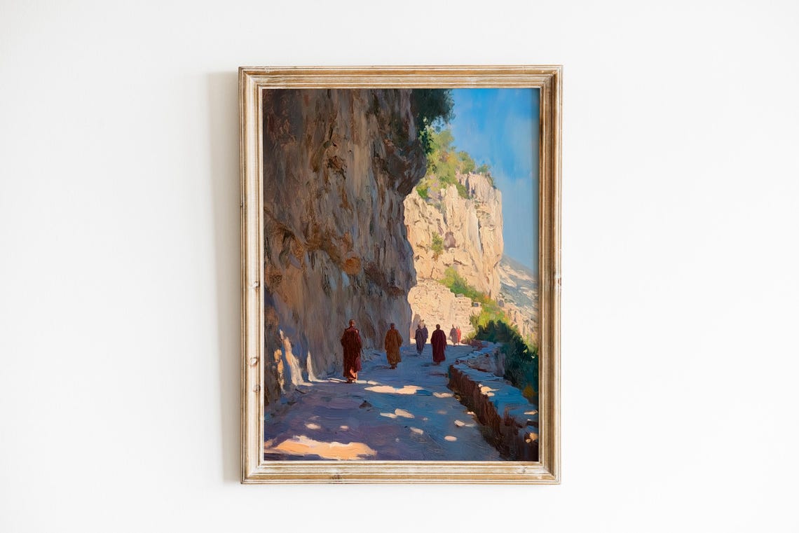 Monks Walking Cliffside Trail Moody Vintage Spiritual Landscape Poster