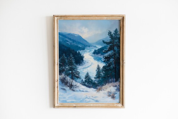 Moody Rustic Winter Landscape Frozen River Art Serene Mountain Valley Decor Snowy Pines And Misty Peaks 1074