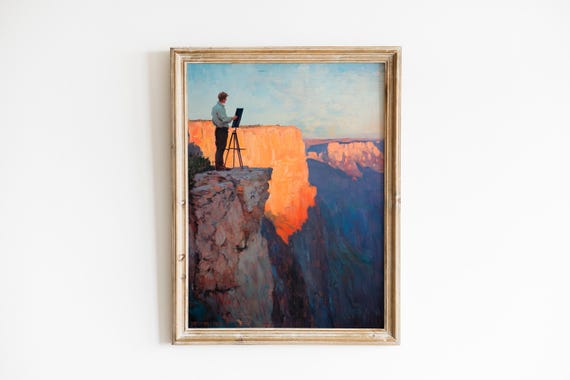 Dramatic Landscape Art Solitary Painter At Vast Cliff Contemplative Canyon Scene Warm Light Adventurous 152