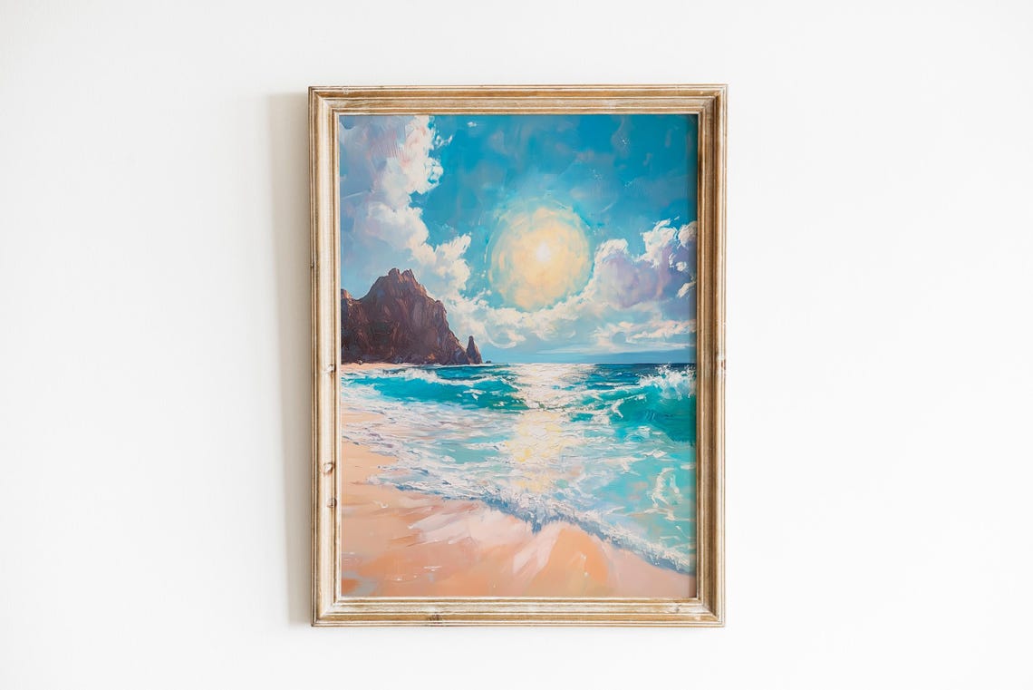 Sunlit Seascape Bright Sun Turquoise Waves Sandy Beach Ocean Print