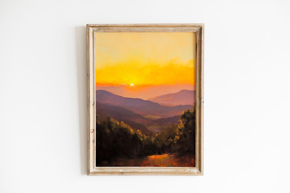 Appalachian Sunset Orange Sun Over Purple Ridges Landscape Art Poster