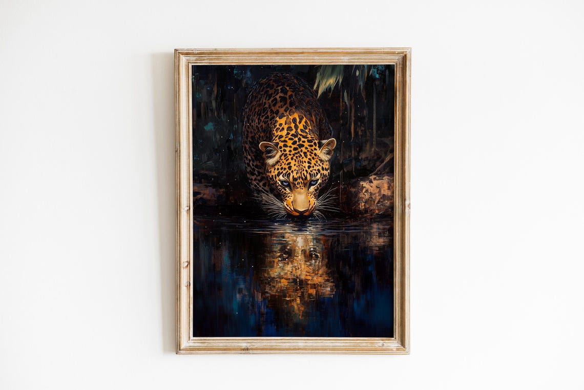 Leopard Drinking At Starlit Jungle Waterhole Dramatic Night Wall Art