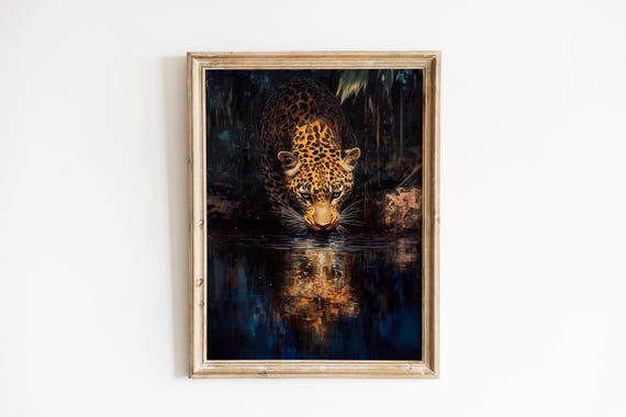 Moody Nightleopard Art Dramatic Wildlife Painting Starlit Waterhole Scene Dark Nature Wall Decor 1162