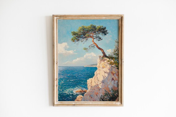Lone Pine Tree On A Coastal Cliff Vintage Seaside Painting Poster