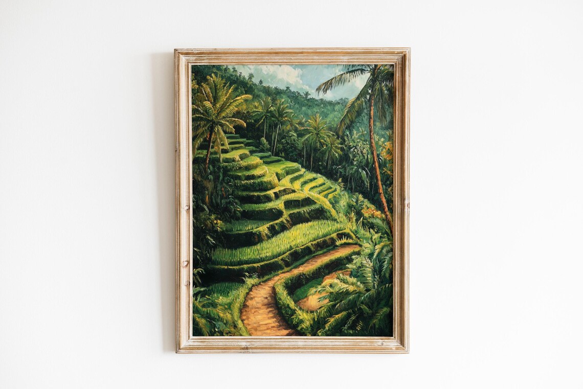 Bali Rice Terraces Tropical Jungle Green Oil Painting Wall Art