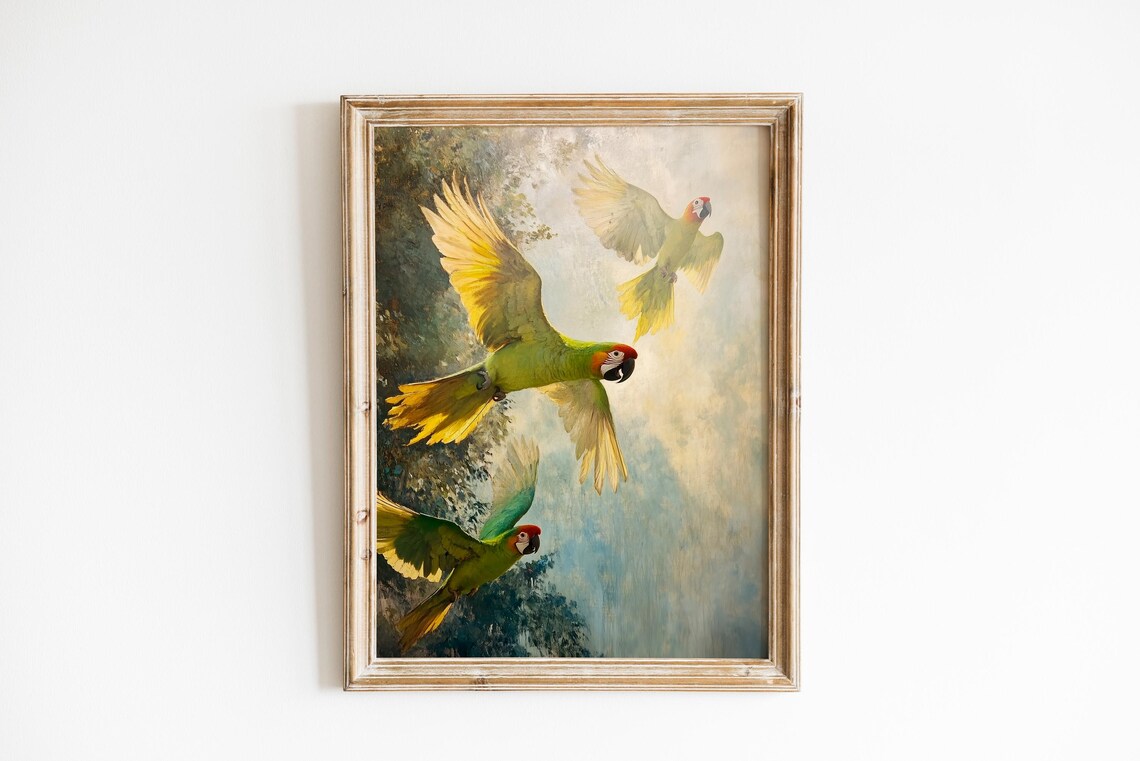Green Parrots in Golden Flight Tropical Birds Painting Art Poster