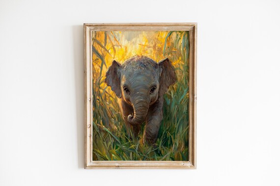 Young Elephant Calf In Glowing Sunlit Grass Realistic Wildlife Art Gentle Warm Tones Storybook Style 1208