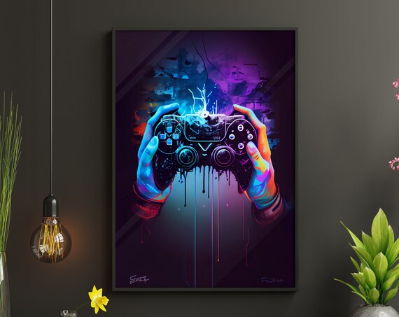 Hands Holding Game Controller Neon Paint Drip Art Poster for Gaming Room