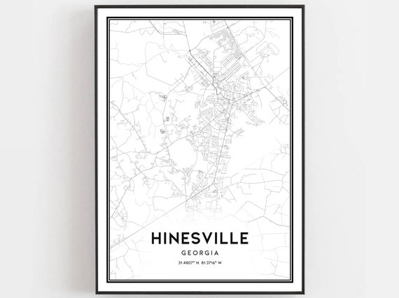 Hinesville Map Print Poster Wall Art Ga City Georgia Street Decor Road Gift B1375