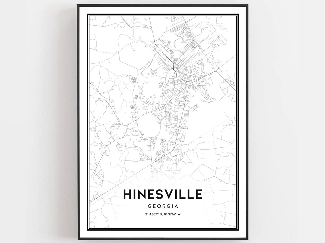 Hinesville Georgia Street Map Minimalist Black and White City Poster