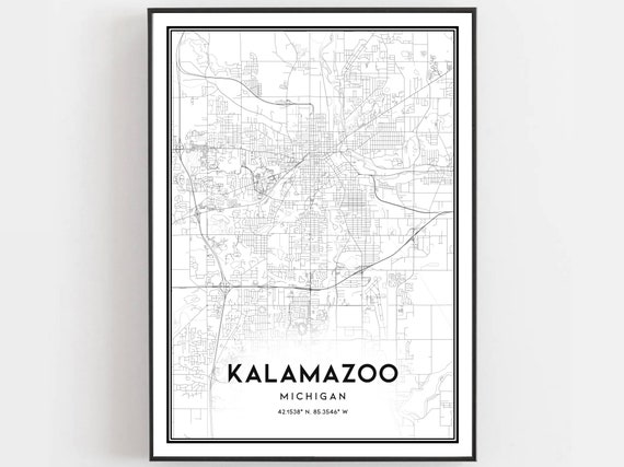 Kalamazoo Map Print Poster Wall Art Mi City Michigan Street Decor Road Gift
