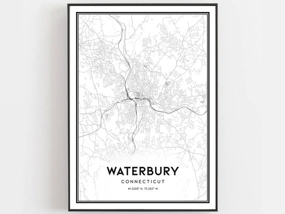 Waterbury Map Print Poster Wall Art Ct City Connecticut Street Decor Road Gift