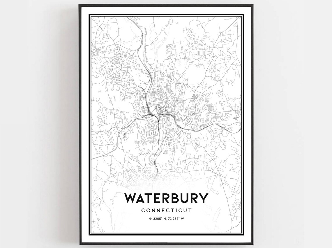 Waterbury Connecticut Black and White City Street Map Wall Art