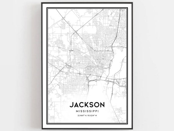 Jackson Map Print Poster Wall Art Ms City Mississippi Street Decor Road Gift B478