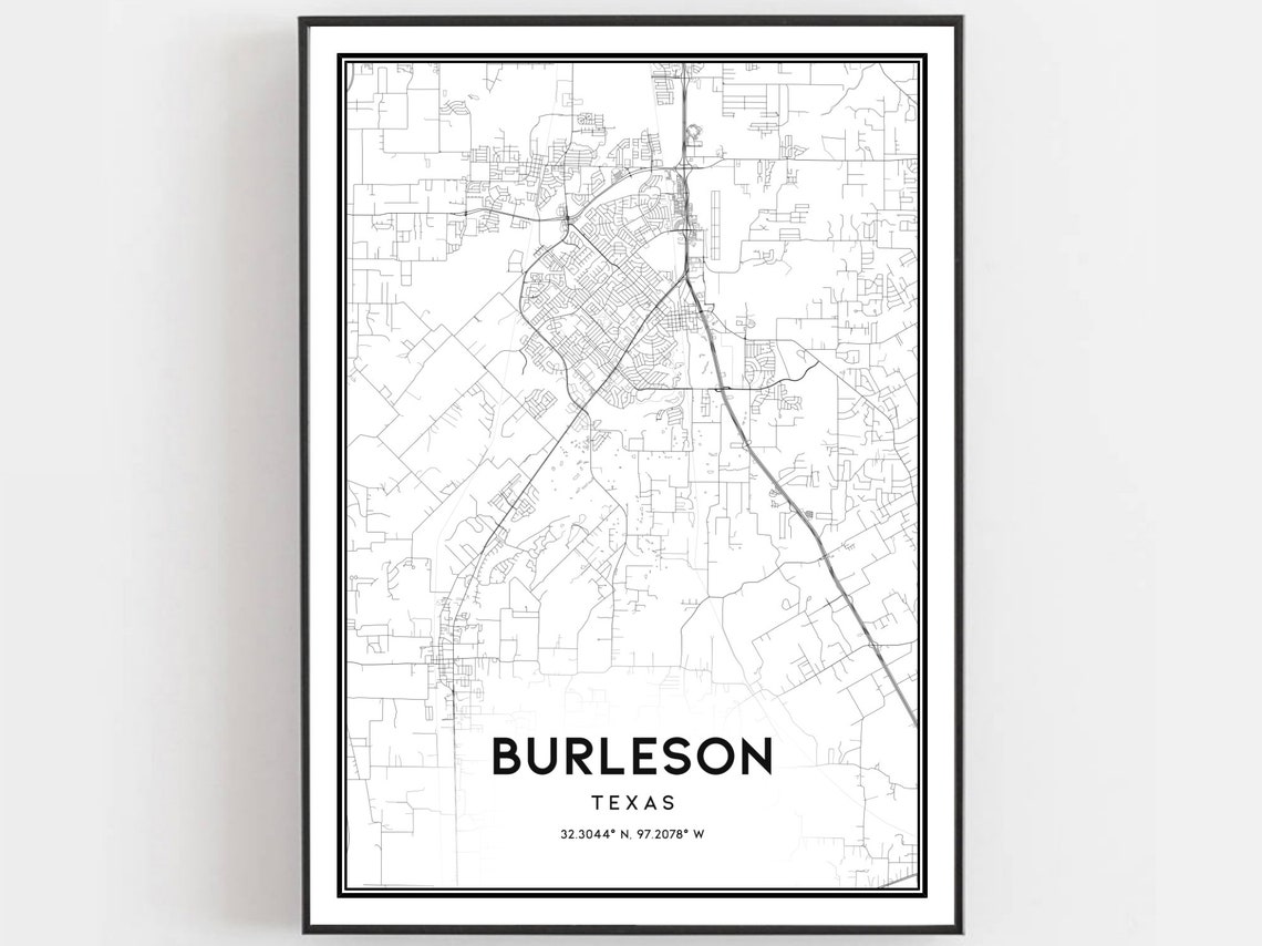Burleson Texas Street Map Print Black and White Minimalist Decor
