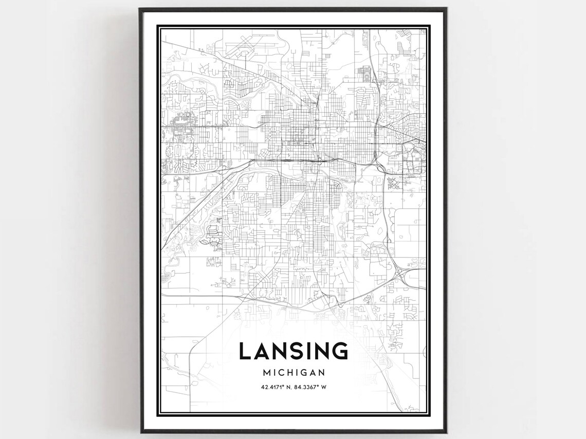 Lansing Michigan Minimalist Black White City Street Map Poster