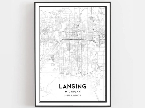 Lansing Map Print Poster Wall Art Mi City Michigan Street Decor Road Gift