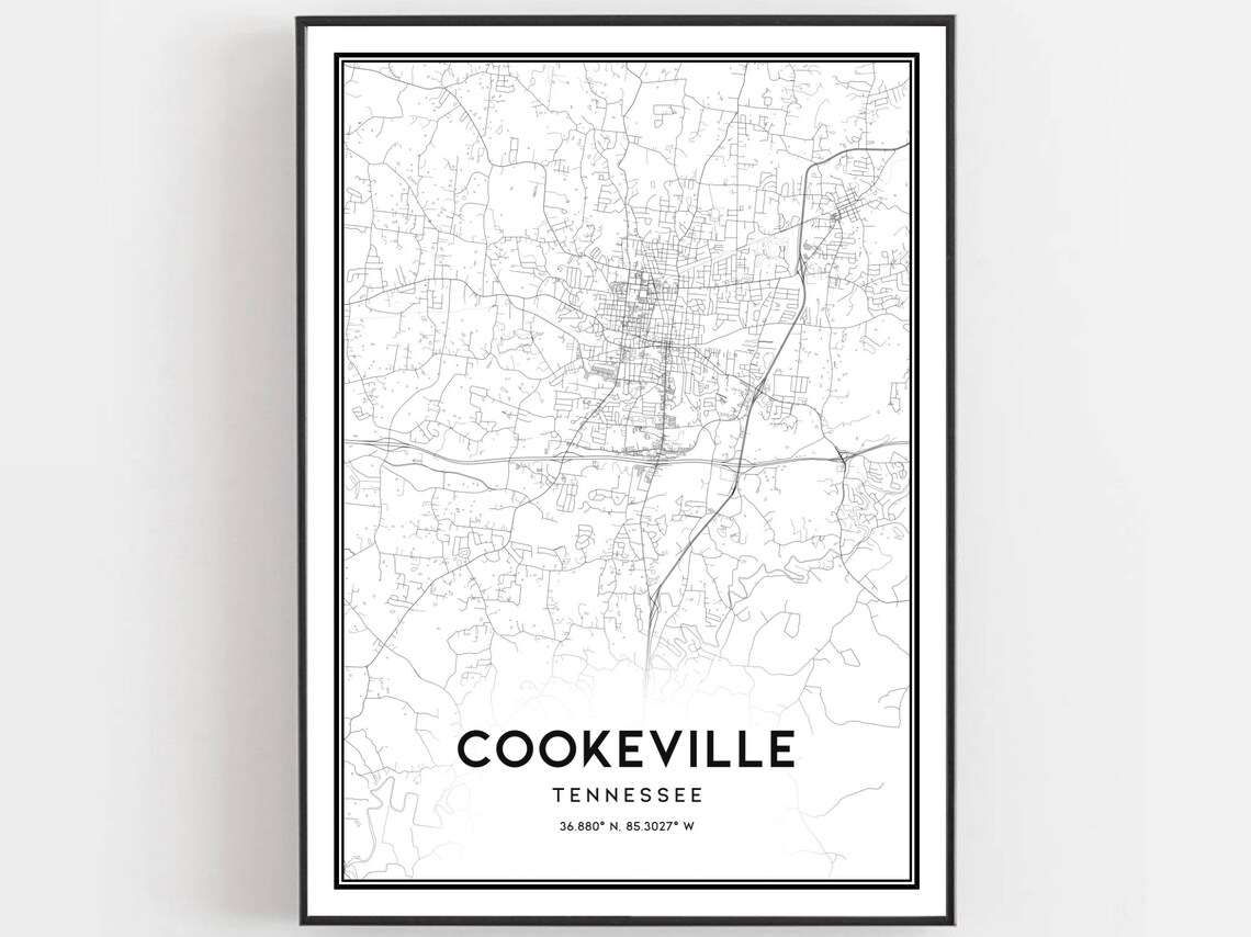 Cookeville Tennessee Minimalist Black White Street Map Poster
