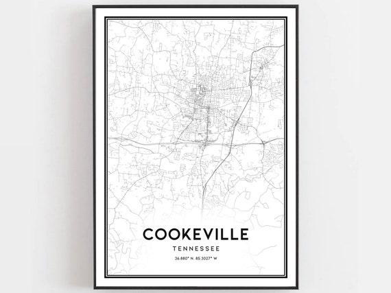 Cookeville Map Print Poster Wall Art Tn City Tennessee Street Decor Road Gift B1450