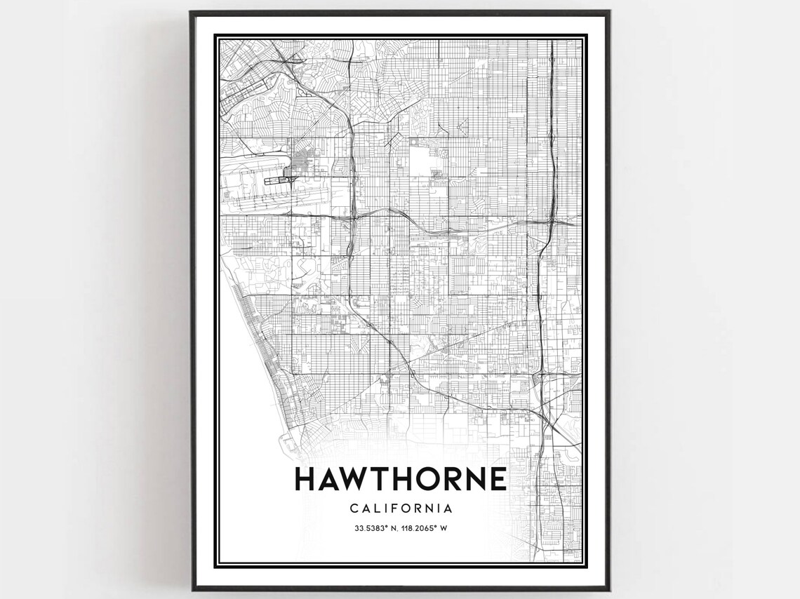 Hawthorne California Minimalist Monochrome Street Map Art Poster