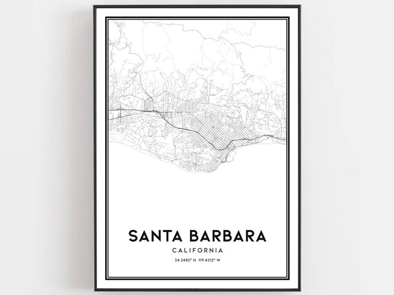 Santa Barbara Map, City Street Travel Poster