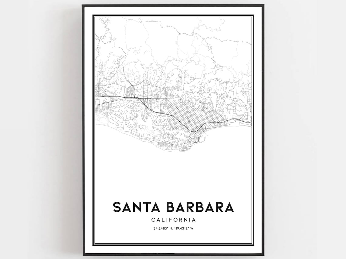 Santa Barbara Map, City Street Travel Poster
