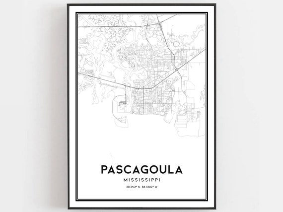 Pascagoula Map Print Poster Wall Art Ms City Mississippi Street Decor Road Gift