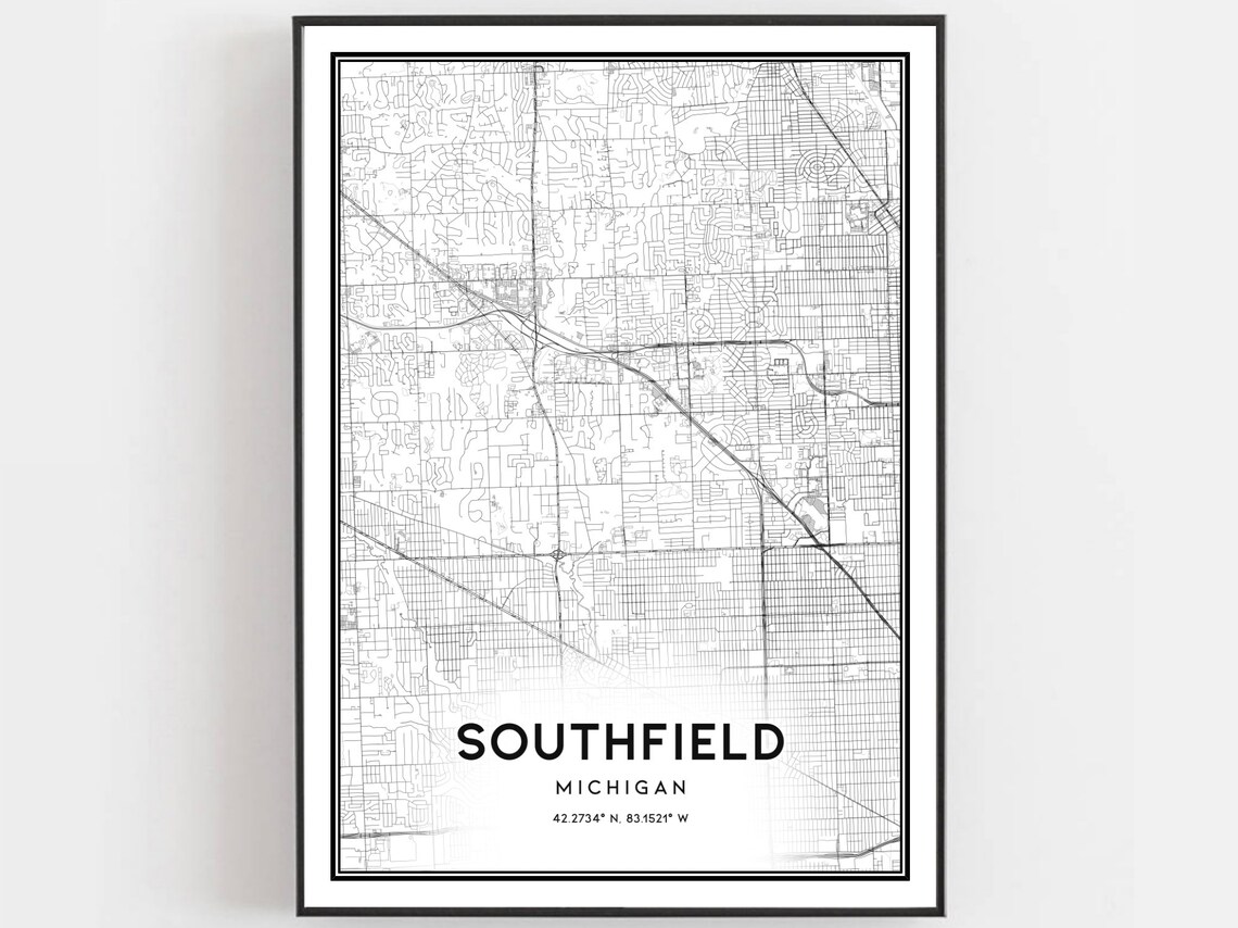 Southfield Michigan Minimalist Black and White City Street Map Poster