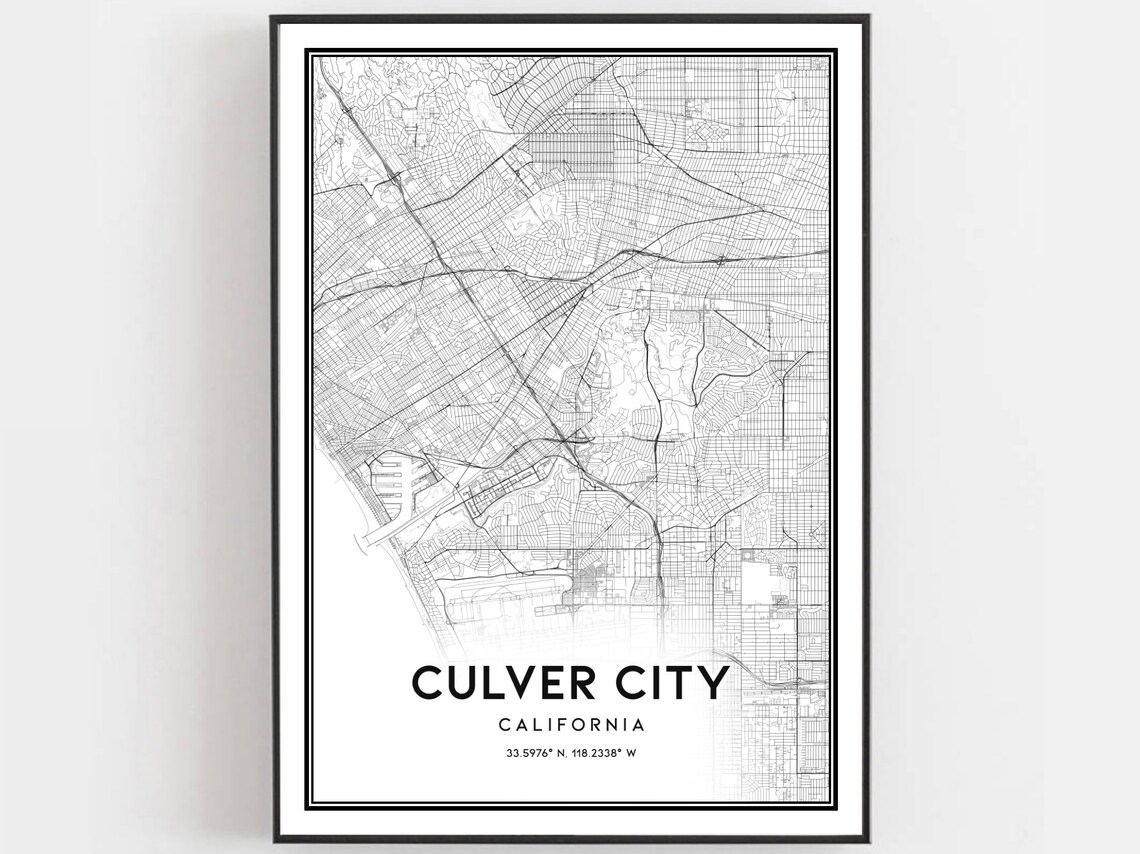 Culver City California Street Map Print Black and White Modern Art