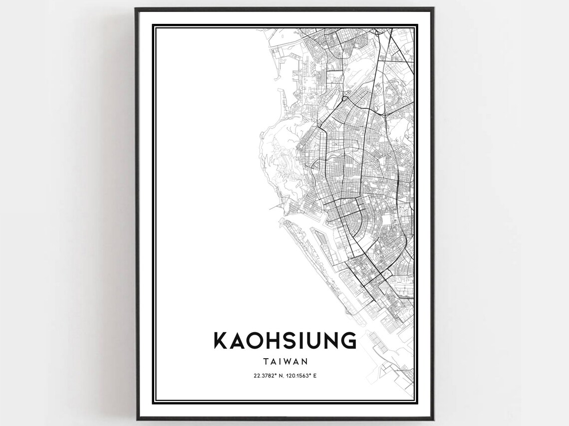 Kaohsiung Taiwan Street Map Black White Minimalist Coordinates Art Poster