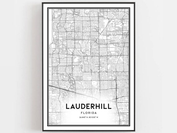 Lauderhill Map Print Poster Wall Art Fl City Florida Street Decor Road Gift B1092