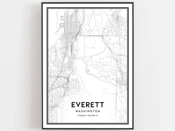 Everett Map Print Poster Wall Art Wa City Washington Street Decor Road Gift B834