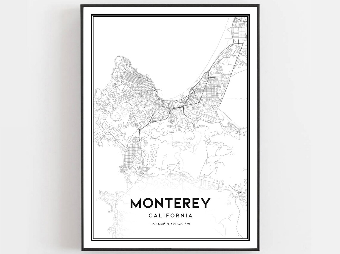 Monterey California Minimalist Black White Bay Coast Map Poster