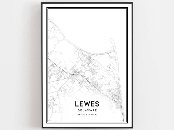 Lewes Map Print Poster Wall Art De City Delaware Street Decor Road Gift B2034