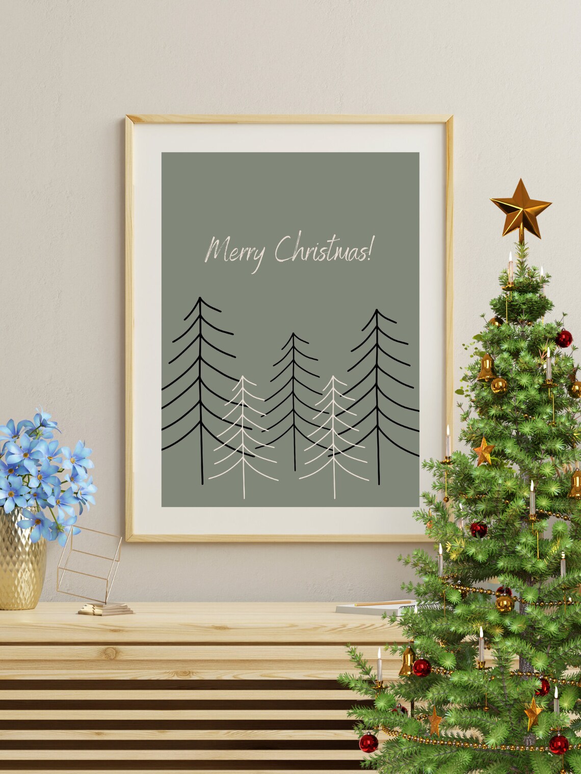 Merry Christmas Minimalist Pine Trees Sage Green Holiday Poster - Image 5