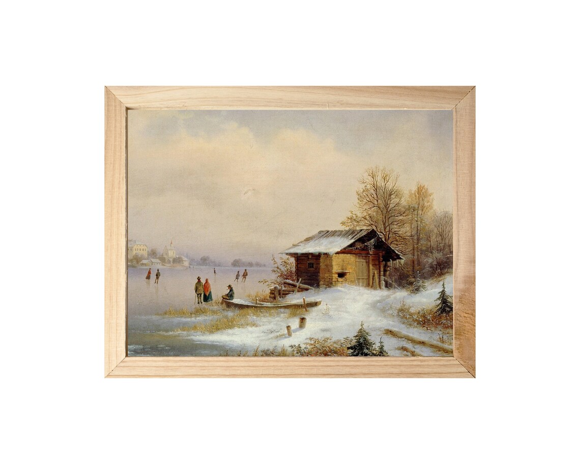 Vintage Winter Lake Cabin Snow Skaters Oil Painting Style Poster - Image 3