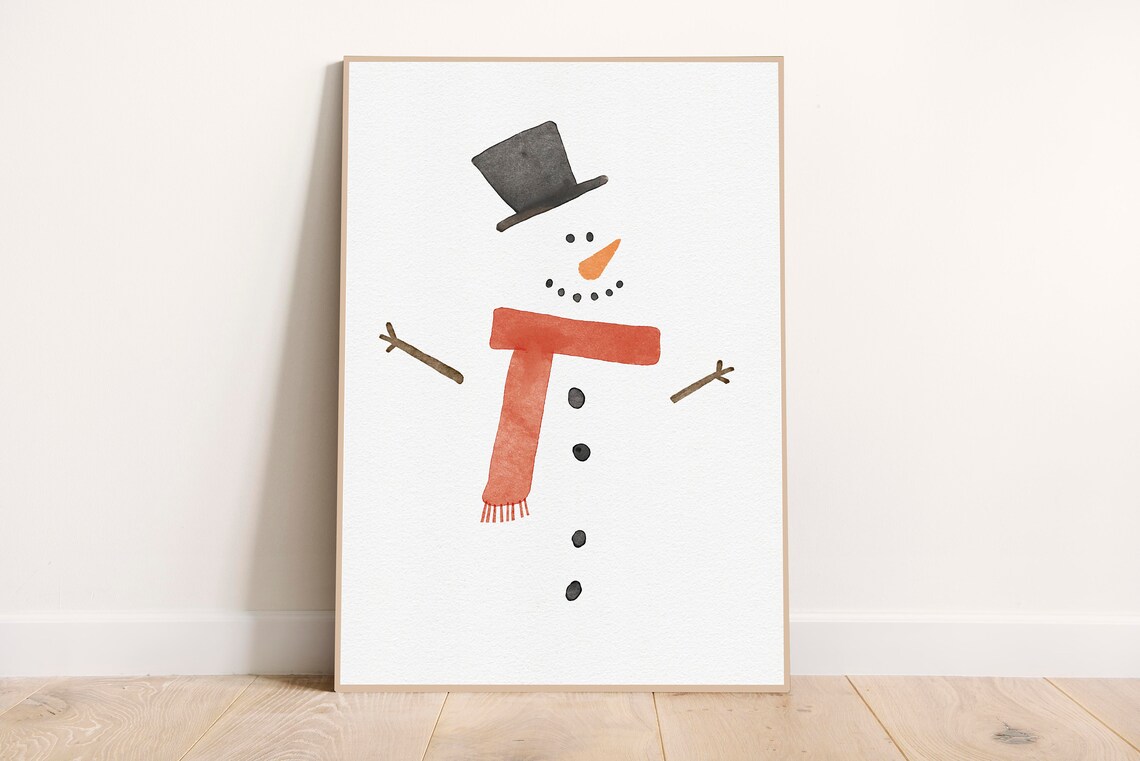 Watercolor Snowman with Top Hat and Red Scarf Christmas Poster