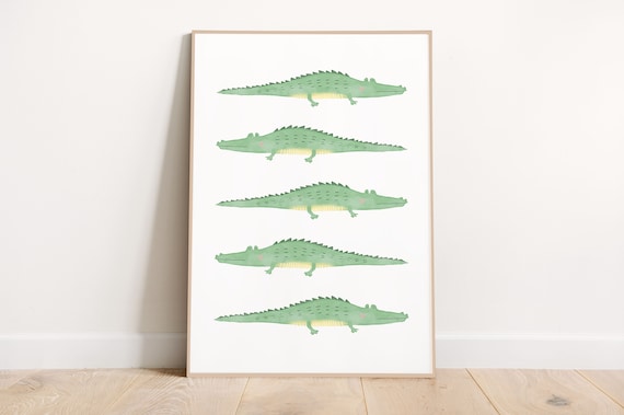 Cute Green Smiling Crocodiles Row Kids Nursery Watercolor Wall Art