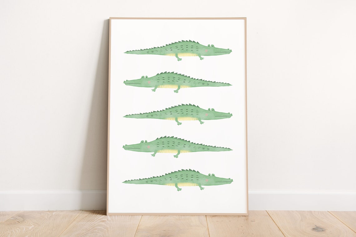 Cute Green Smiling Crocodiles Row Kids Nursery Watercolor Wall Art