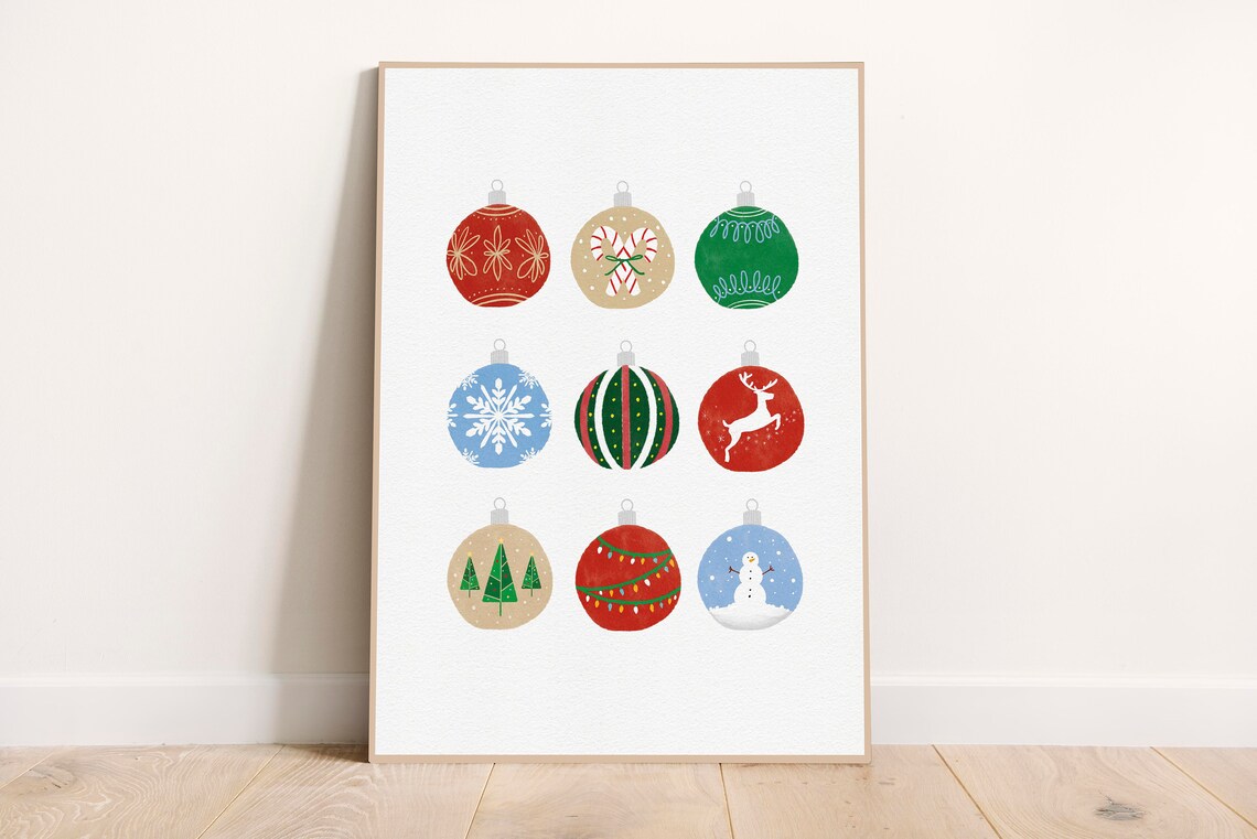 Watercolor Christmas Ornaments Nine Baubles Grid Holiday Poster